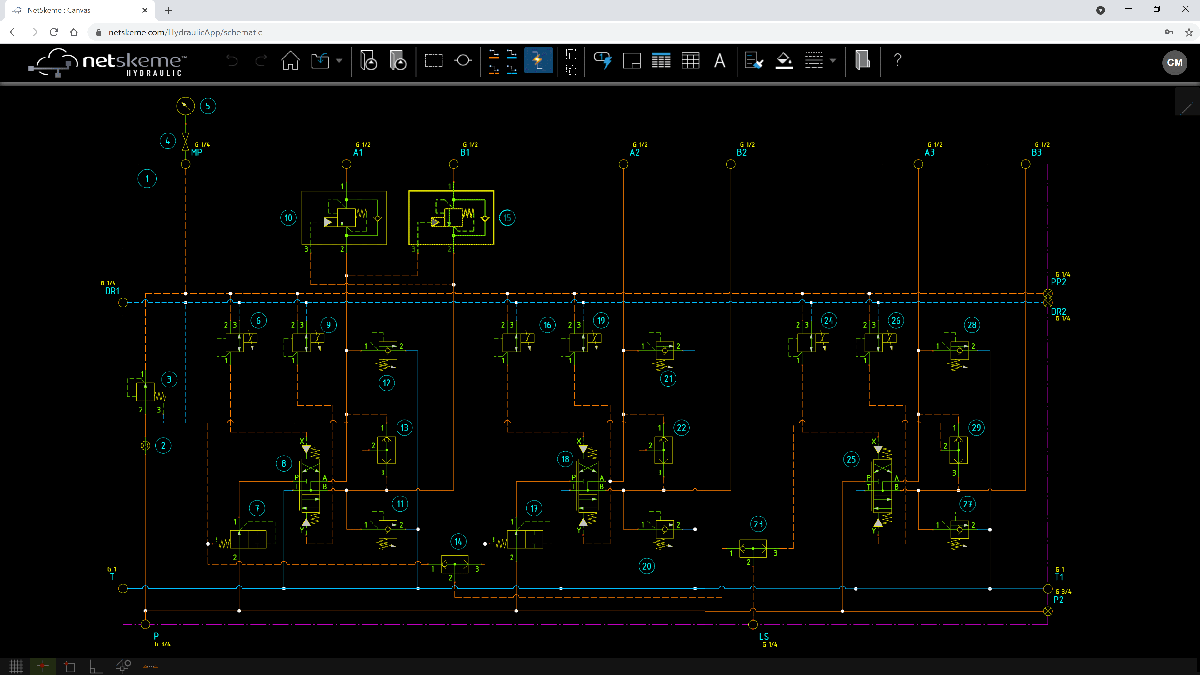 hydraulic circuit created in NetSkeme